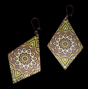 Retro Flower Mandala Statement Earrings Diamond Green Blue Gold Hippie Festival